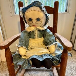 Vintage Homemade Granny Doll in Blue Dress Embroidered Folk Art Decor